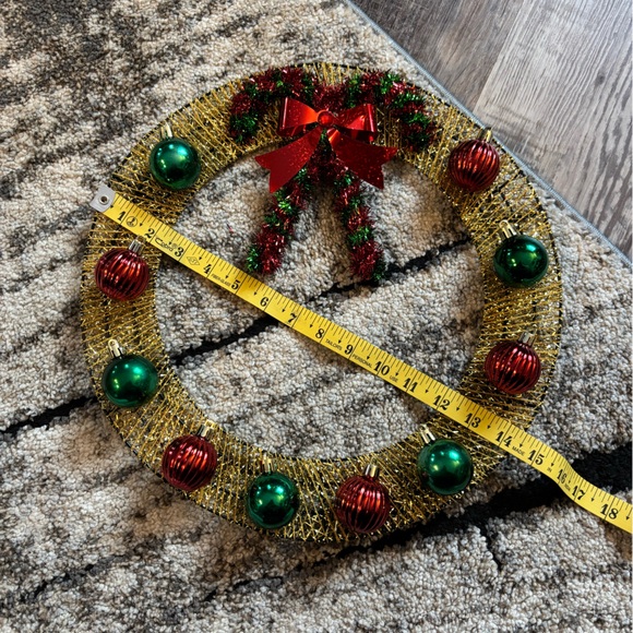 Christmas holiday wreath green red gold bulbs homemade handmade candy canes 14” - Picture 5 of 5